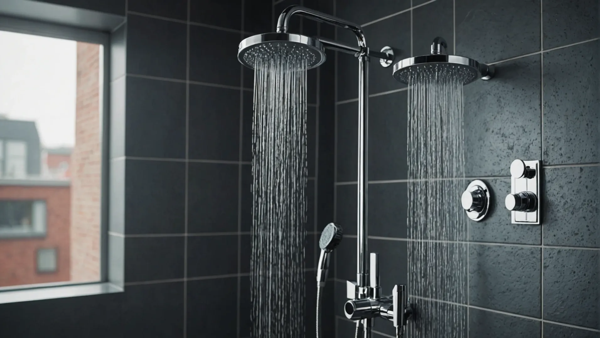 A display of various shower head types on a bathroom wall