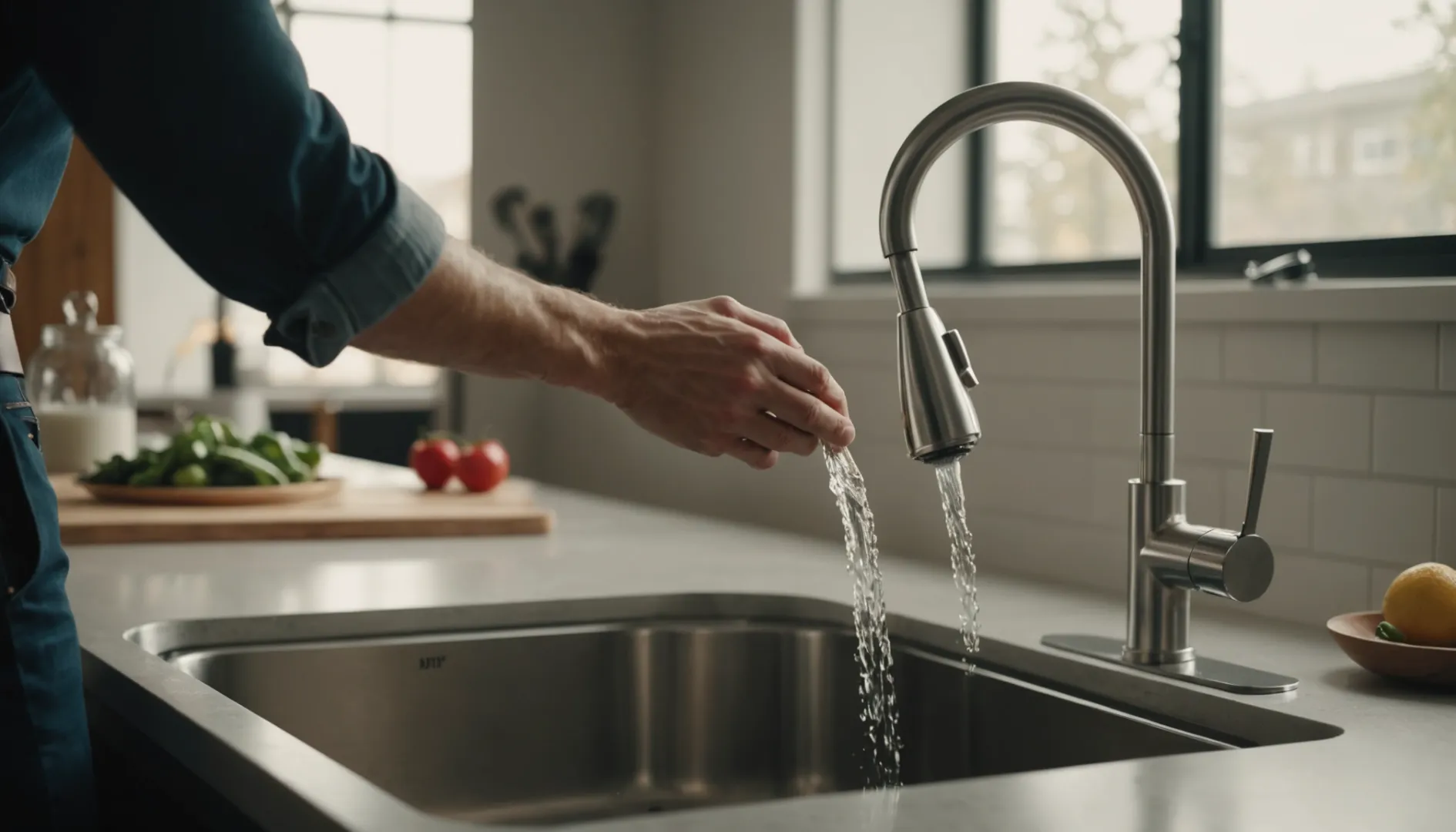 Single-handle faucet with a person adjusting it using their wrist.