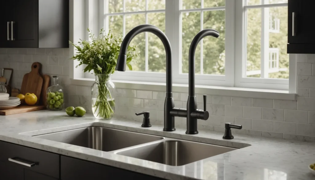 Comparison of single-handle and double-handle faucets in a modern kitchen setting