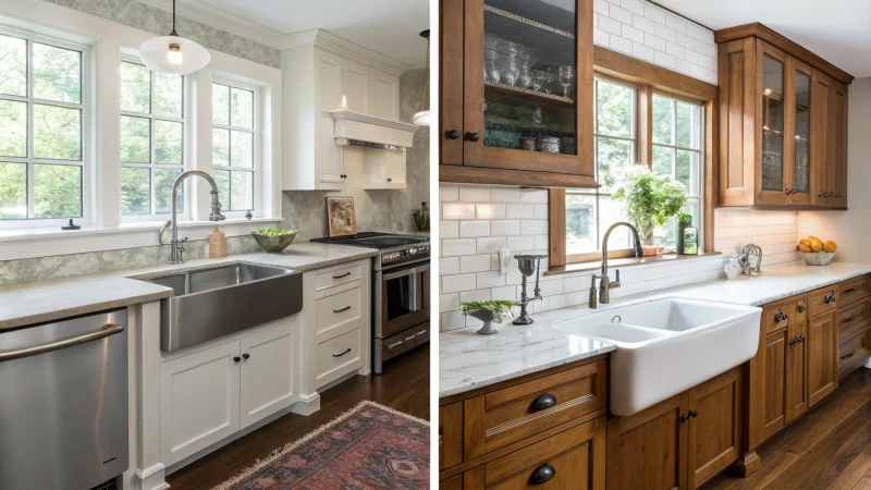 A split kitchen scene showcasing contemporary and traditional designs