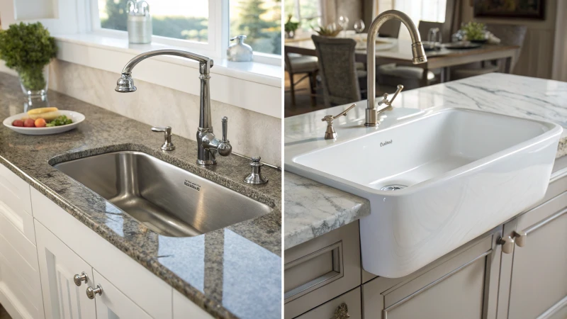 Comparison of stainless steel and porcelain sinks in a kitchen