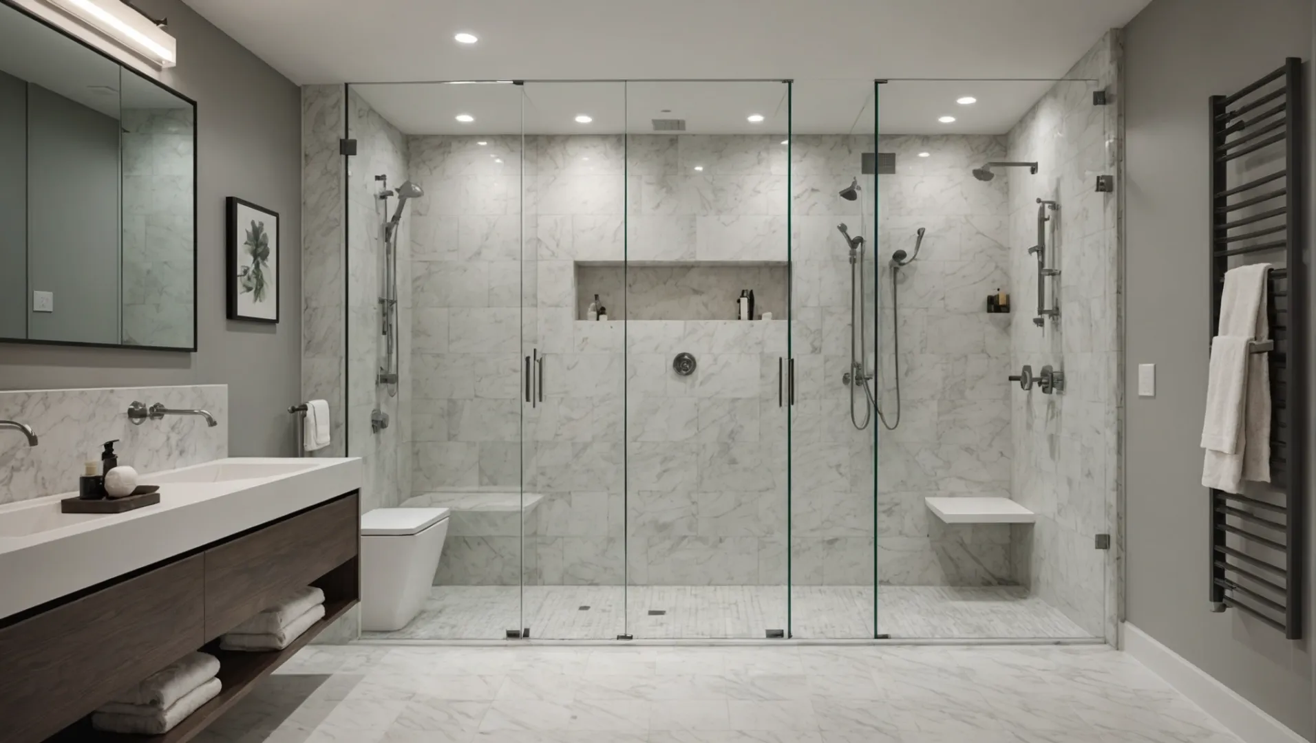 A modern bathroom with a shower showing the standard shower head height at 80 inches.