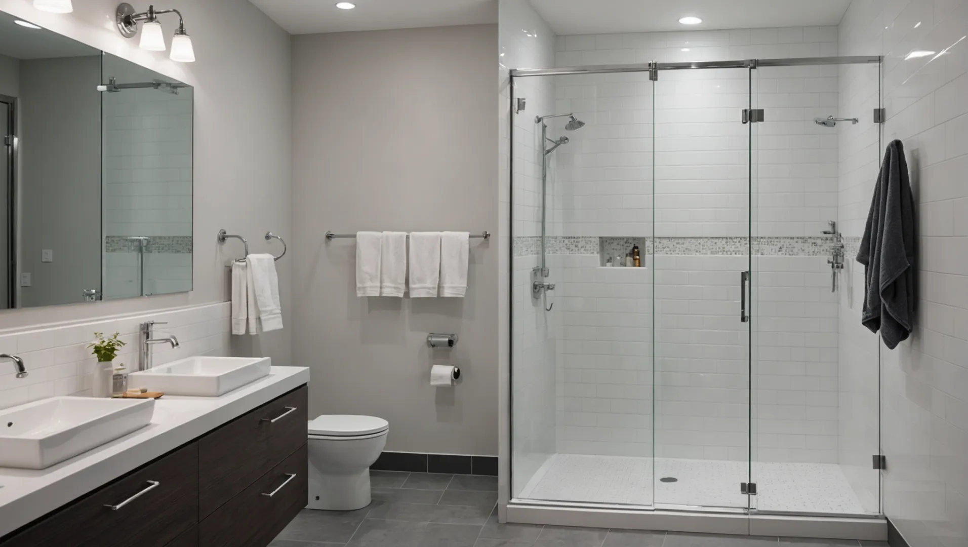 A modern bathroom with a shower head mounted at standard height