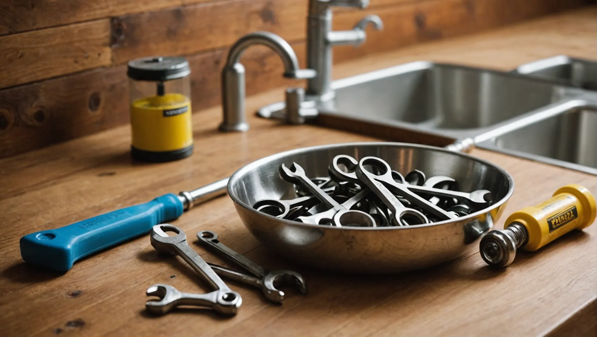 Essential tools for replacing a kitchen faucet displayed on a wooden surface.
