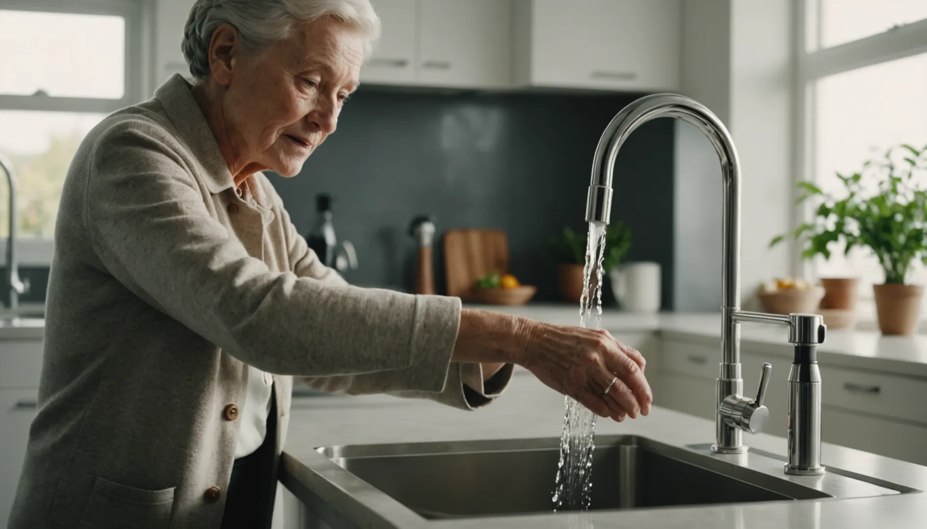 An elderly person using a touchless faucet in a modern kitchen.
