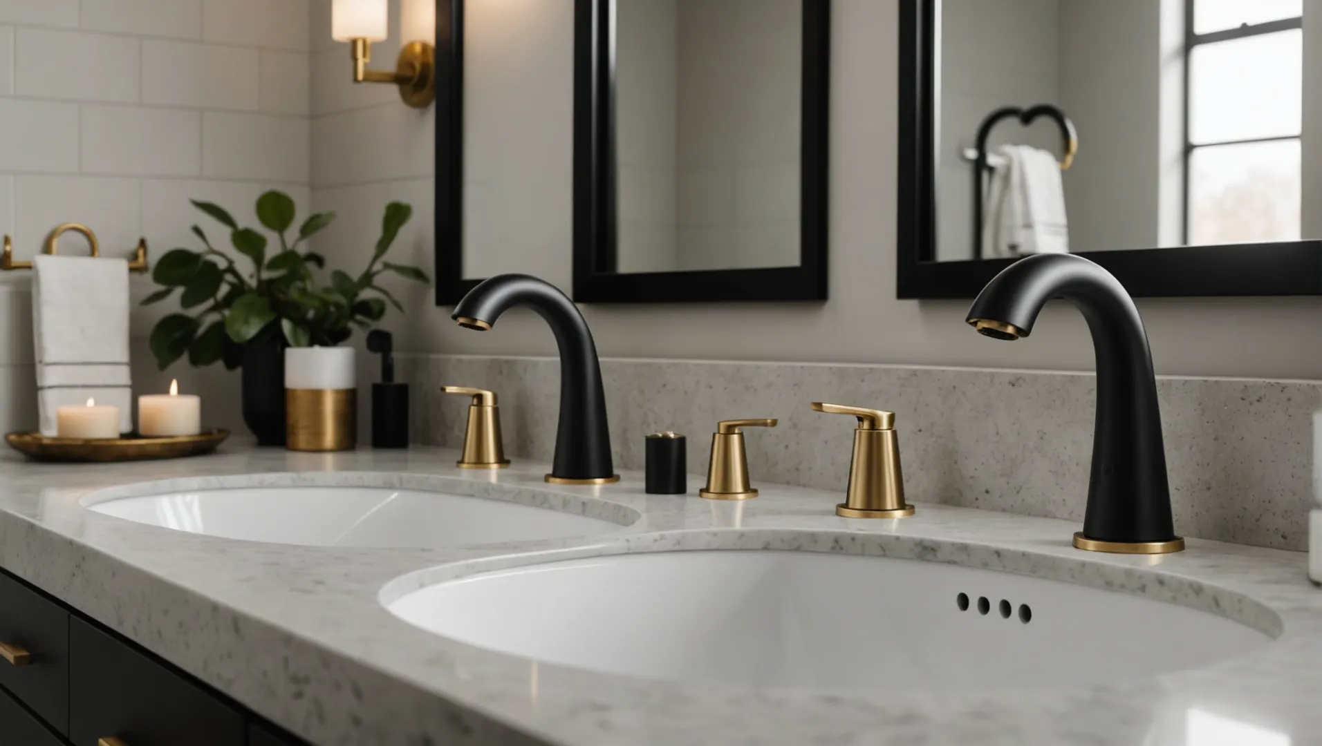 A modern bathroom showcasing trending faucet finishes for 2024 including matte black, brushed brass, and mixed metals.